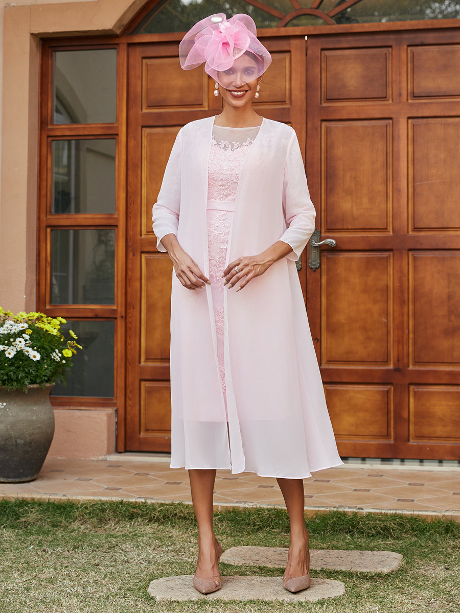 Sheath/Column Sheer Neck 3/4 Sleeves Knee-Length Evening Dresses with Appliques &amp; Jacket