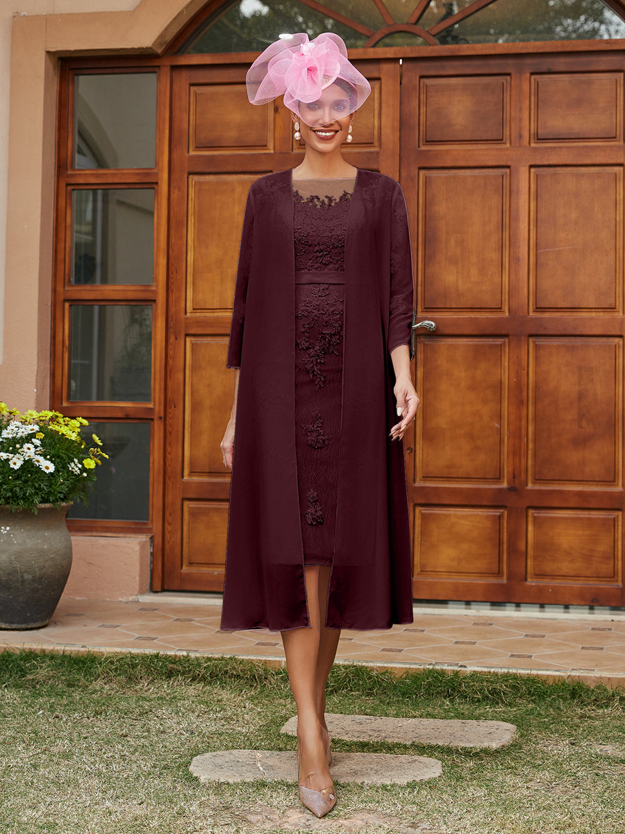 Sheath/Column Sheer Neck 3/4 Sleeves Knee-Length Evening Dresses with Appliques &amp; Jacket