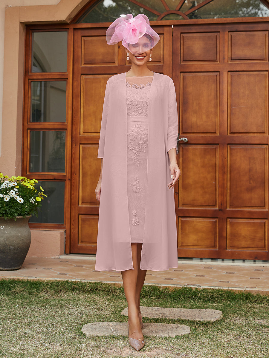 Sheath/Column Sheer Neck 3/4 Sleeves Knee-Length Evening Dresses with Appliques &amp; Jacket