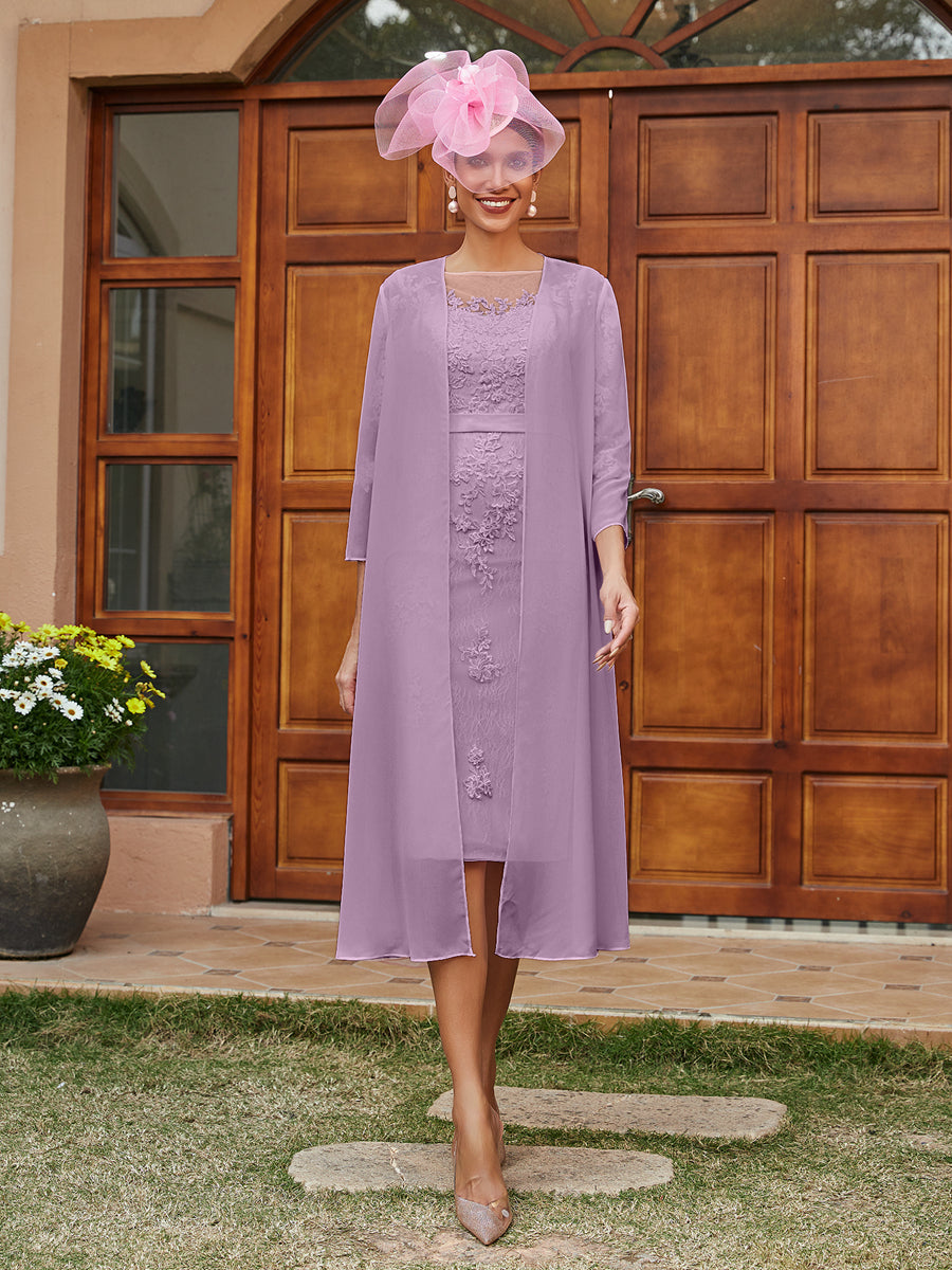Sheath/Column Sheer Neck 3/4 Sleeves Knee-Length Evening Dresses with Appliques &amp; Jacket