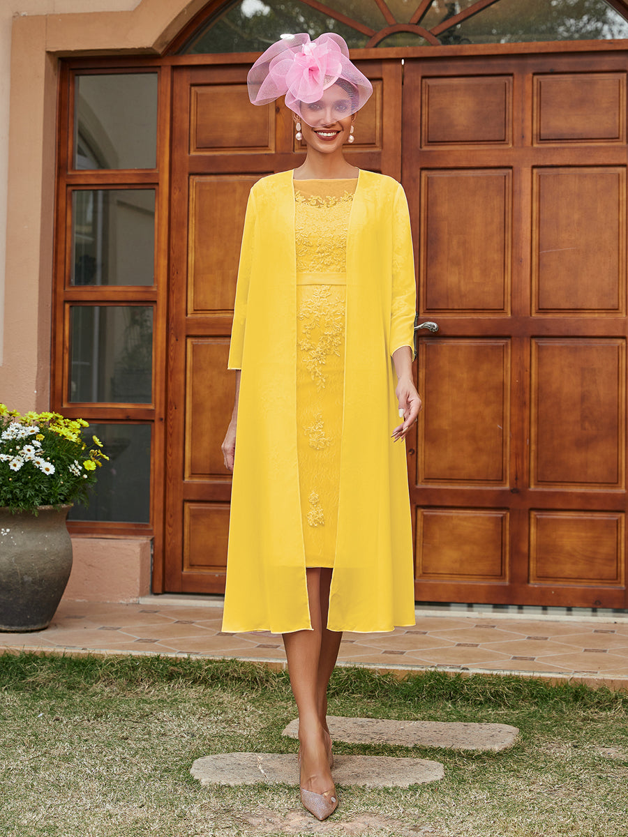 Sheath/Column Sheer Neck 3/4 Sleeves Knee-Length Evening Dresses with Appliques &amp; Jacket
