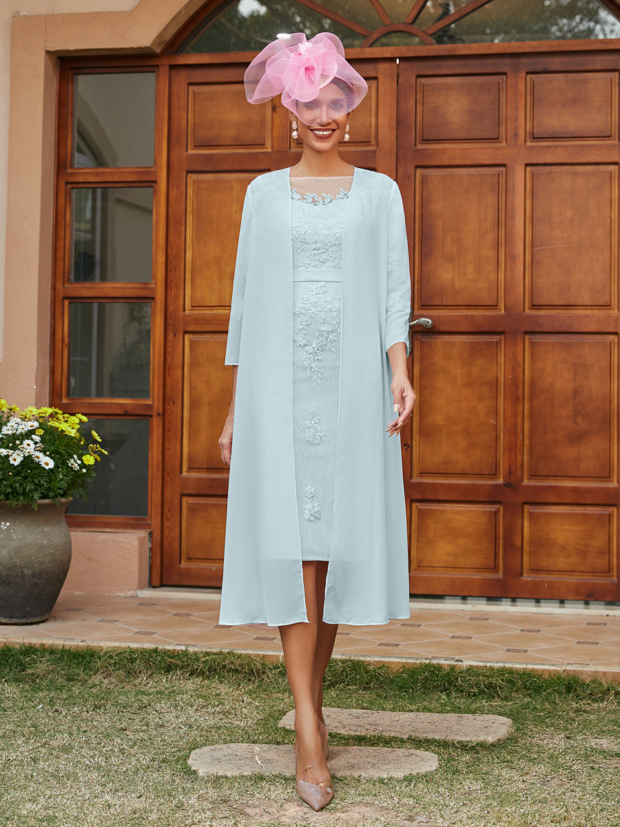 Sheath/Column Sheer Neck 3/4 Sleeves Knee-Length Evening Dresses with Appliques &amp; Jacket