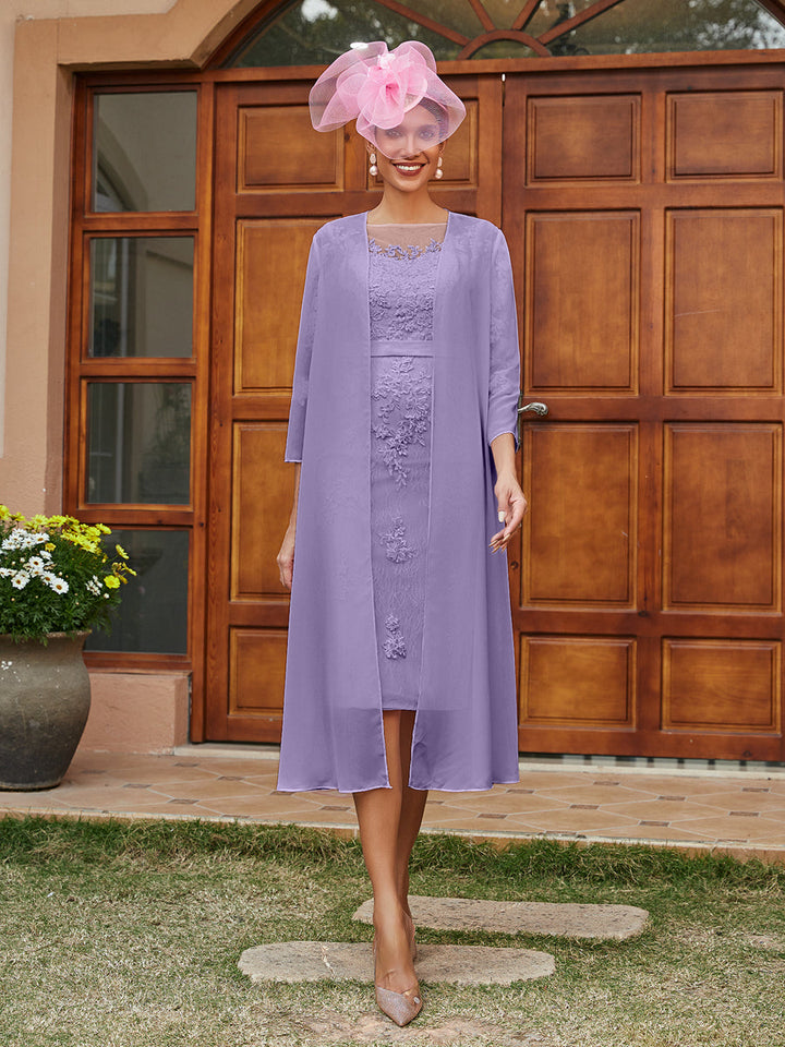 Sheath/Column Sheer Neck 3/4 Sleeves Knee-Length Evening Dresses with Appliques &amp; Jacket