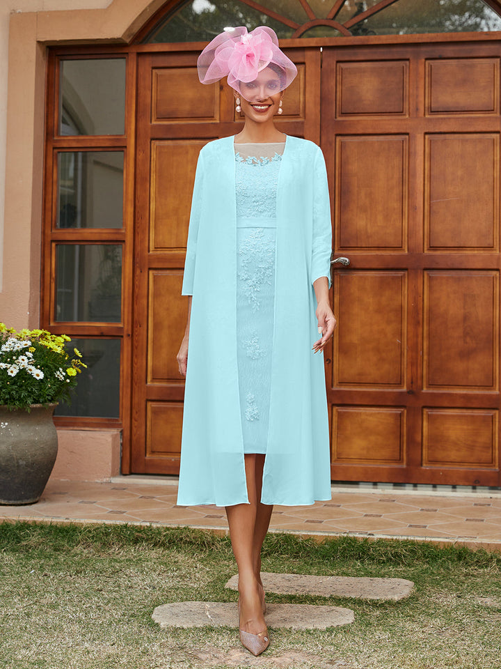 Sheath/Column Sheer Neck 3/4 Sleeves Knee-Length Evening Dresses with Appliques &amp; Jacket