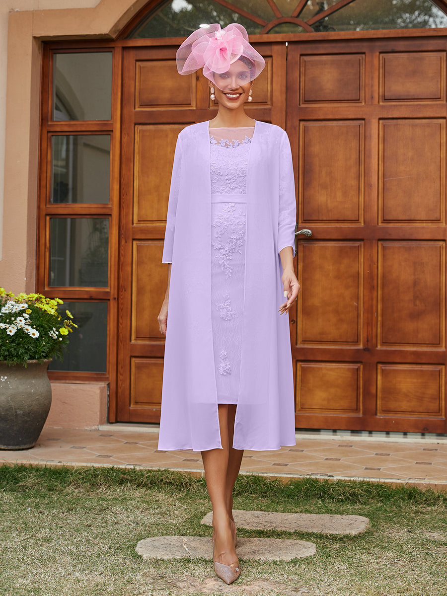 Sheath/Column Sheer Neck 3/4 Sleeves Knee-Length Evening Dresses with Appliques &amp; Jacket