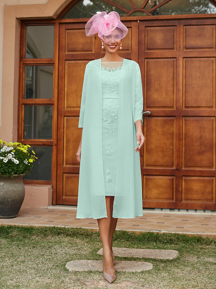 Sheath/Column Sheer Neck 3/4 Sleeves Knee-Length Evening Dresses with Appliques &amp; Jacket