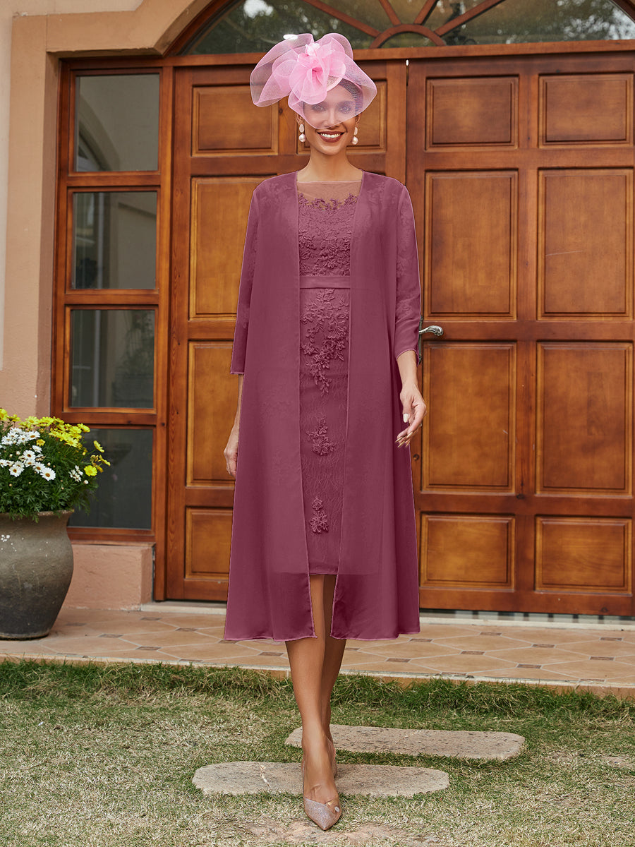 Sheath/Column Sheer Neck 3/4 Sleeves Knee-Length Evening Dresses with Appliques &amp; Jacket
