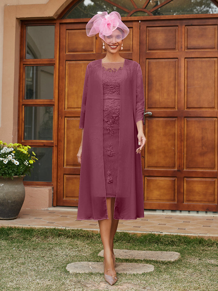 Sheath/Column Sheer Neck 3/4 Sleeves Knee-Length Evening Dresses with Appliques &amp; Jacket