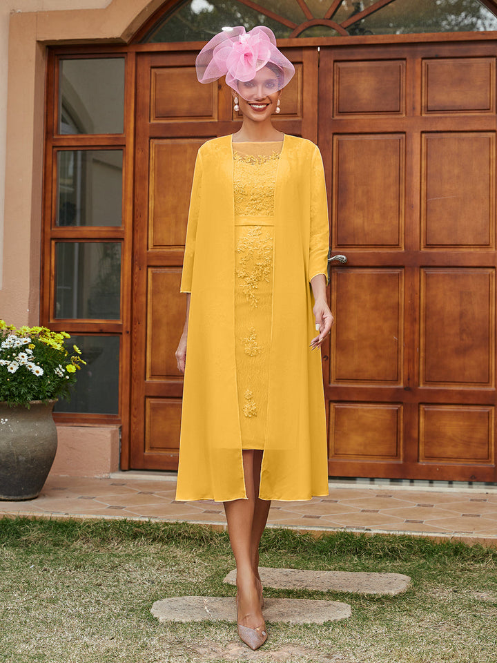 Sheath/Column Sheer Neck 3/4 Sleeves Knee-Length Evening Dresses with Appliques &amp; Jacket