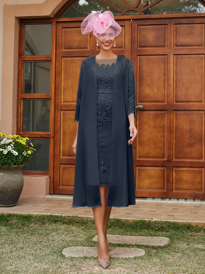 Sheath/Column Sheer Neck 3/4 Sleeves Knee-Length Evening Dresses with Appliques &amp; Jacket