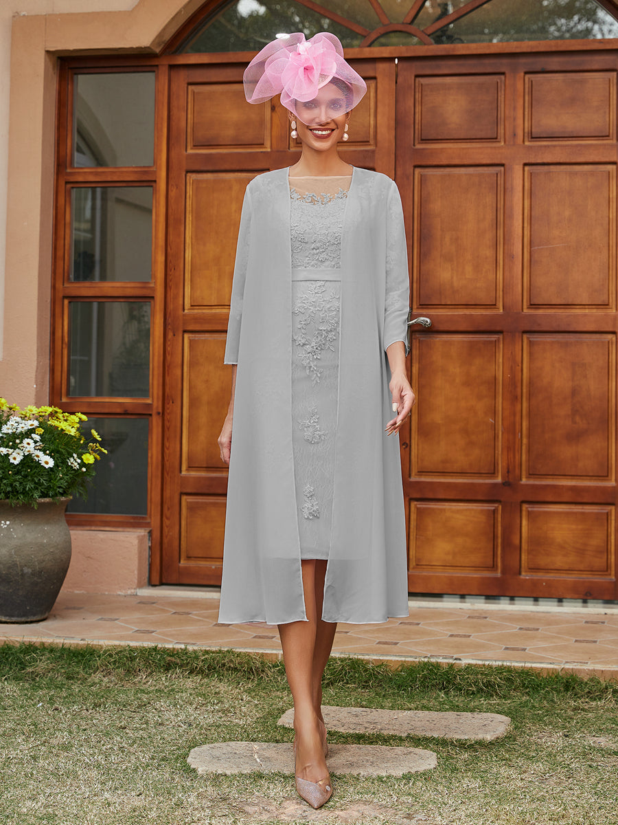 Sheath/Column Sheer Neck 3/4 Sleeves Knee-Length Evening Dresses with Appliques &amp; Jacket