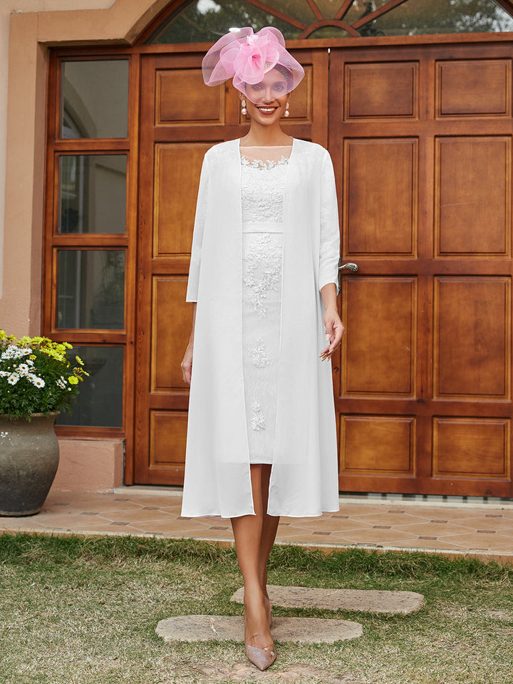 Sheath/Column Sheer Neck 3/4 Sleeves Knee-Length Evening Dresses with Appliques &amp; Jacket