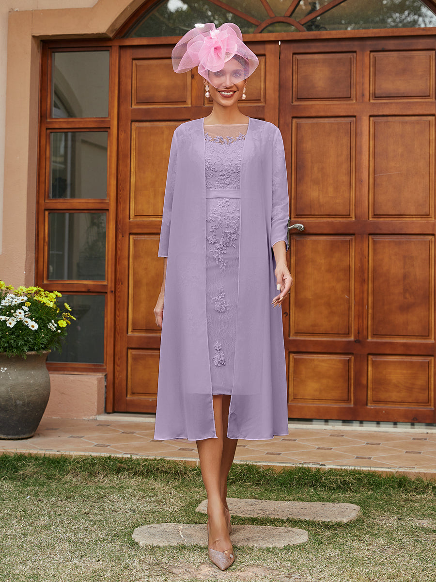 Sheath/Column Sheer Neck 3/4 Sleeves Knee-Length Evening Dresses with Appliques &amp; Jacket
