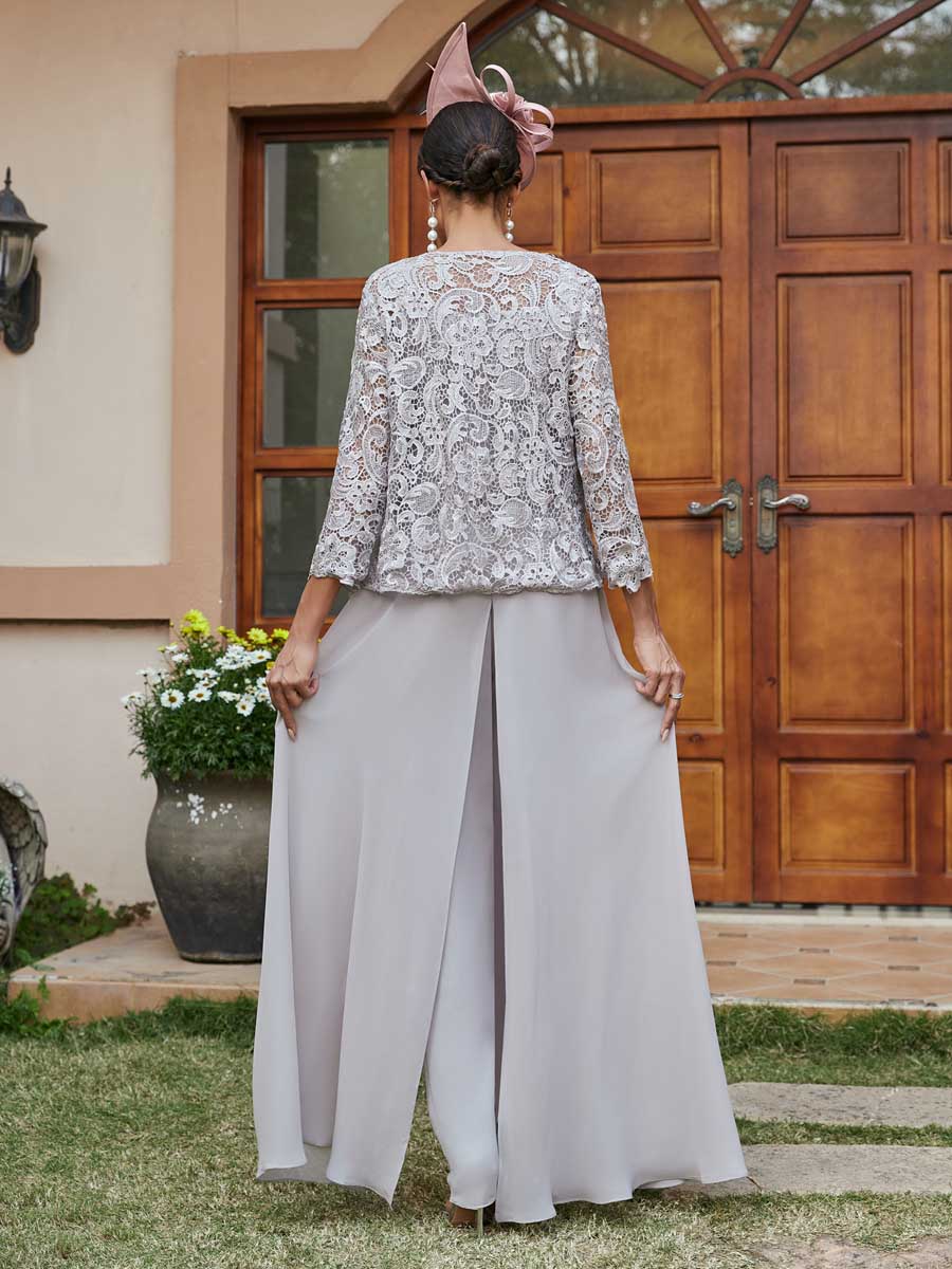 Lace Chiffon Square Neck 3/4 Sleeves 3 Pieces Pantsuits with Appliques &amp; Jacket
