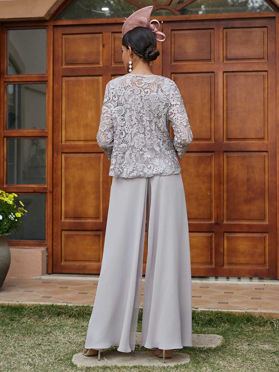 Lace Chiffon Square Neck 3/4 Sleeves 3 Pieces Pantsuits with Appliques &amp; Jacket