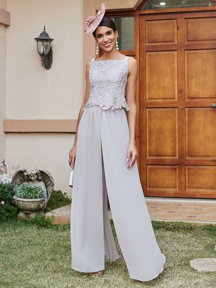 Lace Chiffon Square Neck 3/4 Sleeves 3 Pieces Pantsuits with Appliques &amp; Jacket