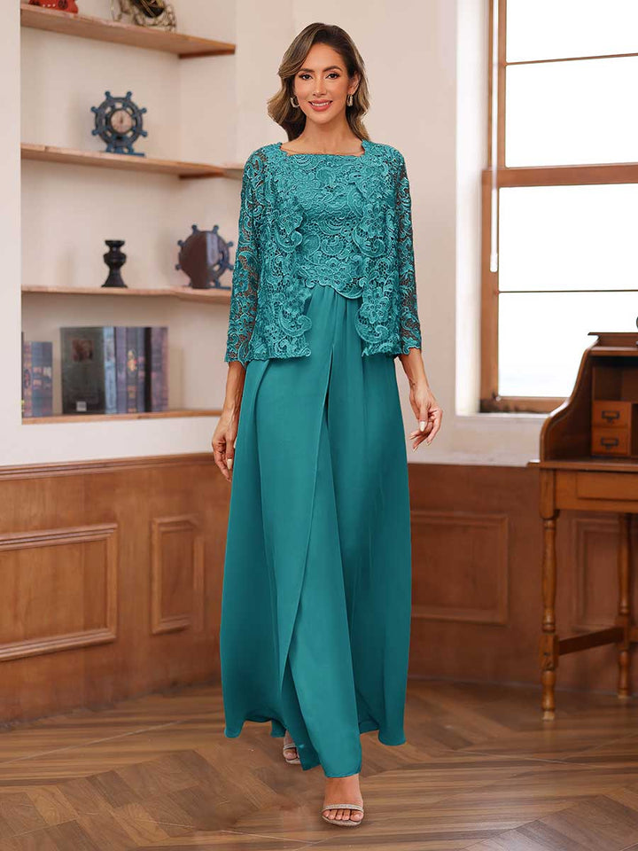Lace Chiffon Square Neck 3/4 Sleeves 3 Pieces Pantsuits with Appliques &amp; Jacket