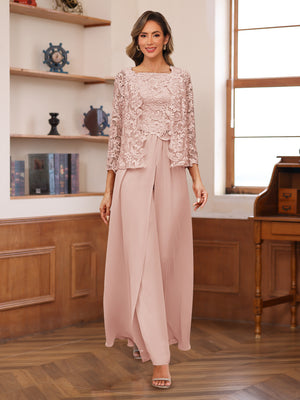 Lace Chiffon Square Neck 3/4 Sleeves 3 Pieces Pantsuits with Appliques & Jacket