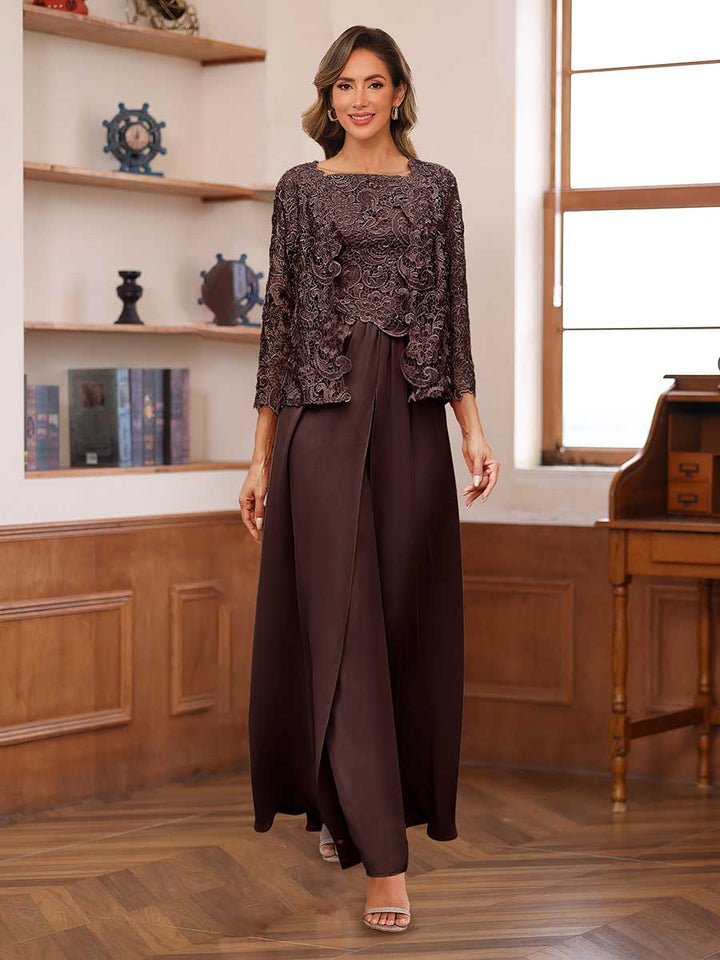 Lace Chiffon Square Neck 3/4 Sleeves 3 Pieces Pantsuits with Appliques &amp; Jacket