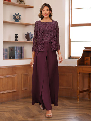 Lace Chiffon Square Neck 3/4 Sleeves 3 Pieces Pantsuits with Appliques & Jacket