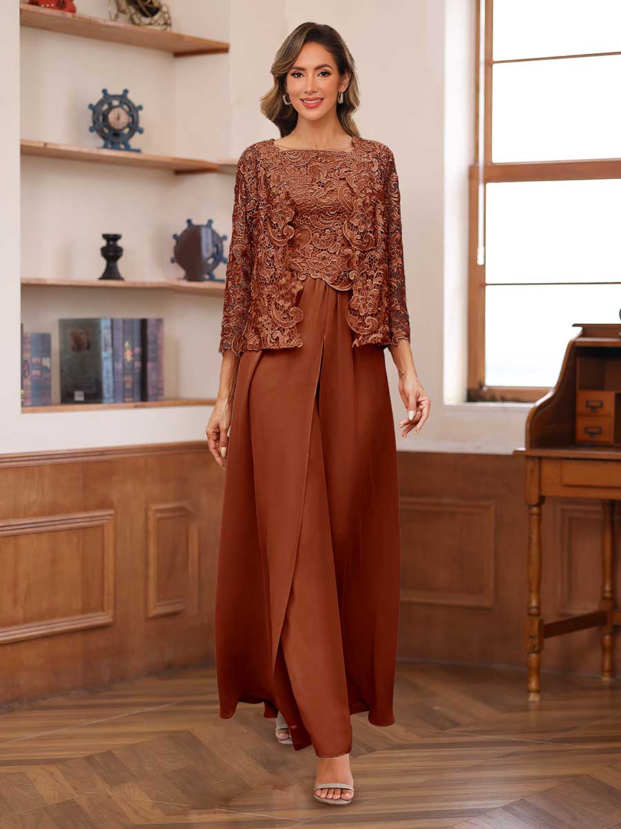 Lace Chiffon Square Neck 3/4 Sleeves 3 Pieces Pantsuits with Appliques &amp; Jacket