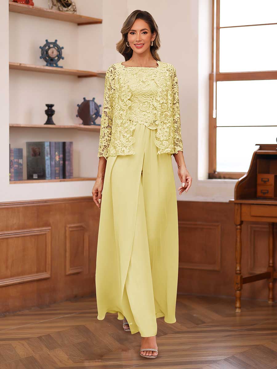 Lace Chiffon Square Neck 3/4 Sleeves 3 Pieces Pantsuits with Appliques &amp; Jacket