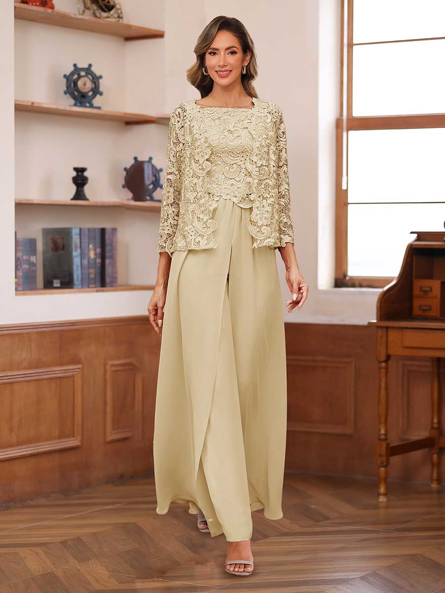 Lace Chiffon Square Neck 3/4 Sleeves 3 Pieces Pantsuits with Appliques &amp; Jacket