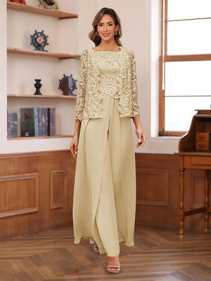 Lace Chiffon Square Neck 3/4 Sleeves 3 Pieces Pantsuits with Appliques & Jacket