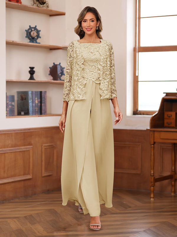 Lace Chiffon Square Neck 3/4 Sleeves 3 Pieces Pantsuits with Appliques & Jacket