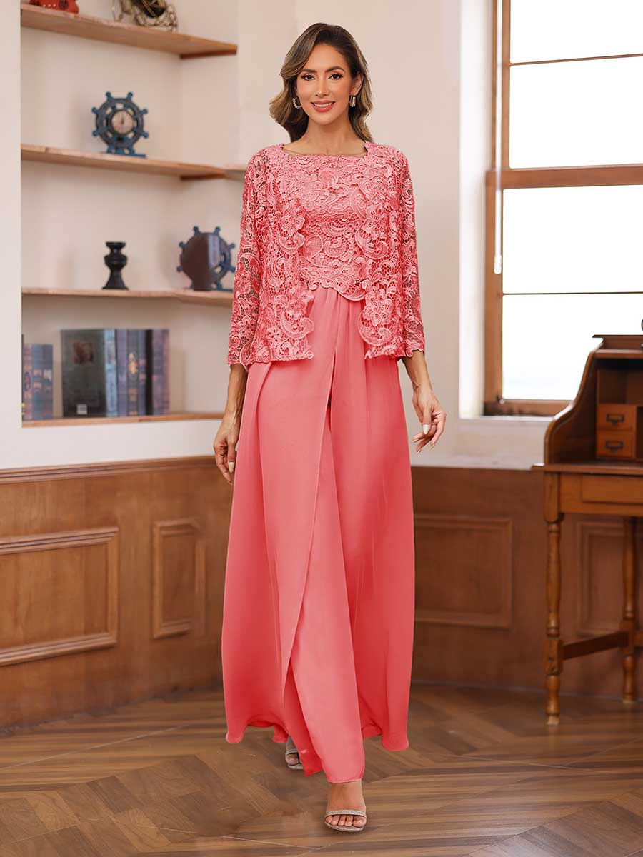 Lace Chiffon Square Neck 3/4 Sleeves 3 Pieces Pantsuits with Appliques &amp; Jacket
