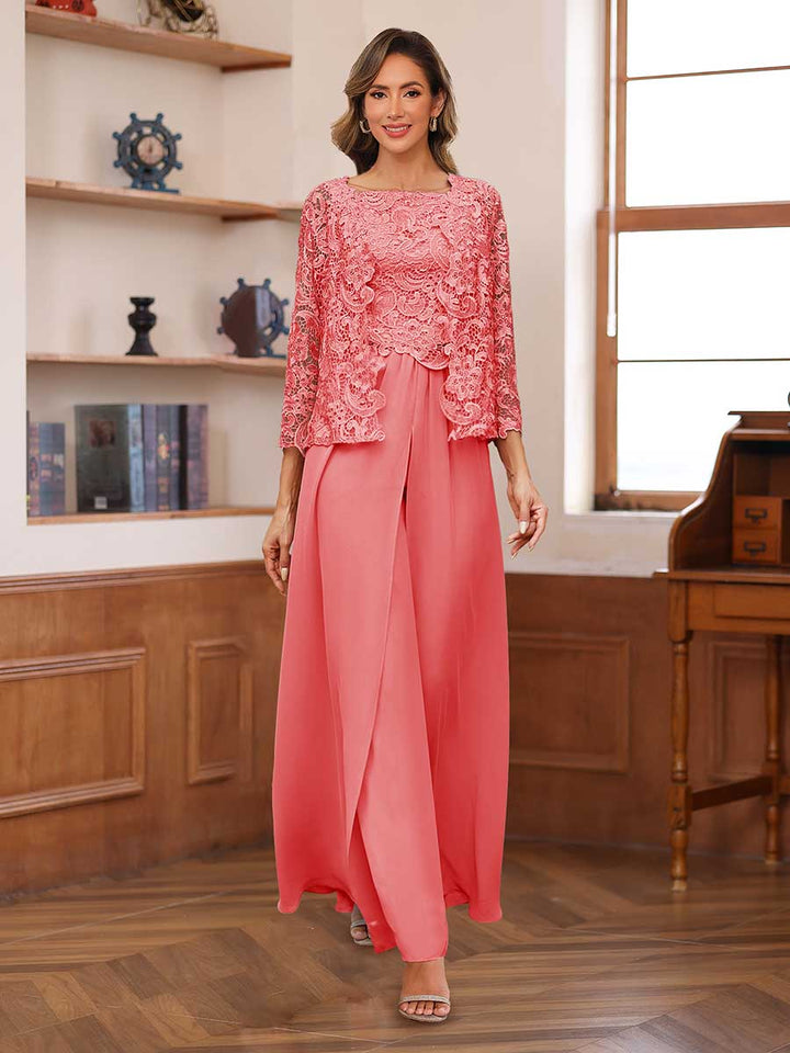 Lace Chiffon Square Neck 3/4 Sleeves 3 Pieces Pantsuits with Appliques &amp; Jacket