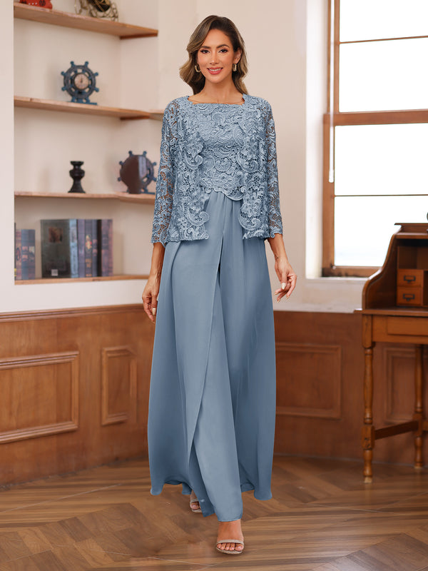 Lace Chiffon Square Neck 3/4 Sleeves 3 Pieces Pantsuits with Appliques & Jacket