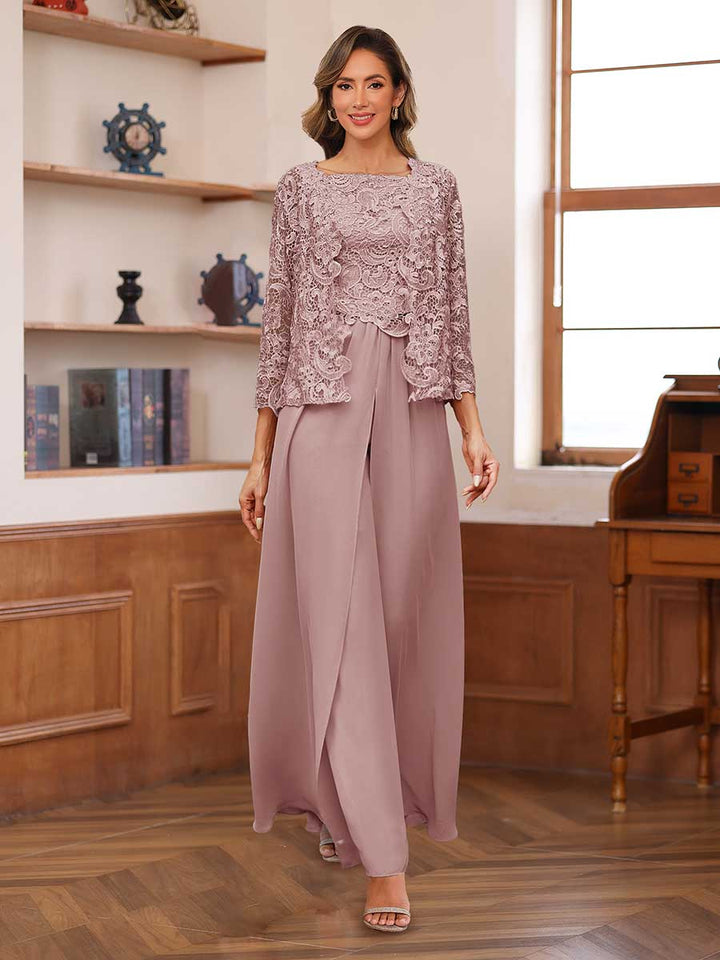 Lace Chiffon Square Neck 3/4 Sleeves 3 Pieces Pantsuits with Appliques &amp; Jacket