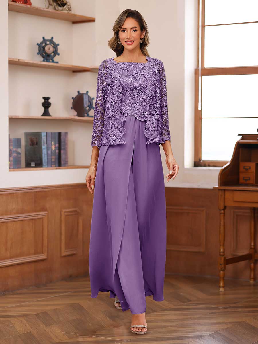 Lace Chiffon Square Neck 3/4 Sleeves 3 Pieces Pantsuits with Appliques &amp; Jacket
