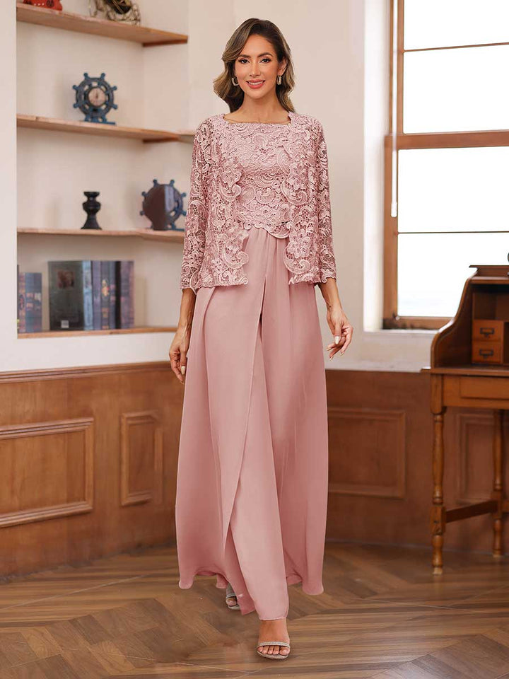 Lace Chiffon Square Neck 3/4 Sleeves 3 Pieces Pantsuits with Appliques &amp; Jacket