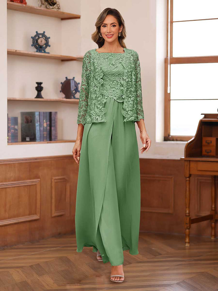 Lace Chiffon Square Neck 3/4 Sleeves 3 Pieces Pantsuits with Appliques &amp; Jacket