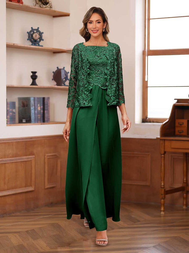Lace Chiffon Square Neck 3/4 Sleeves 3 Pieces Pantsuits with Appliques &amp; Jacket