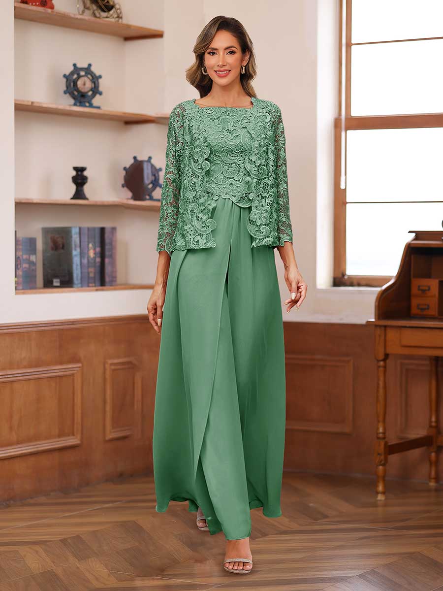 Lace Chiffon Square Neck 3/4 Sleeves 3 Pieces Pantsuits with Appliques &amp; Jacket