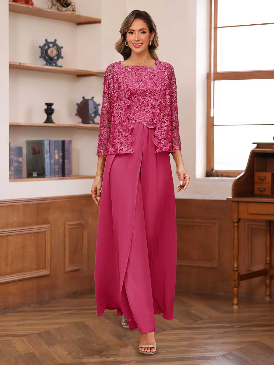 Lace Chiffon Square Neck 3/4 Sleeves 3 Pieces Pantsuits with Appliques &amp; Jacket