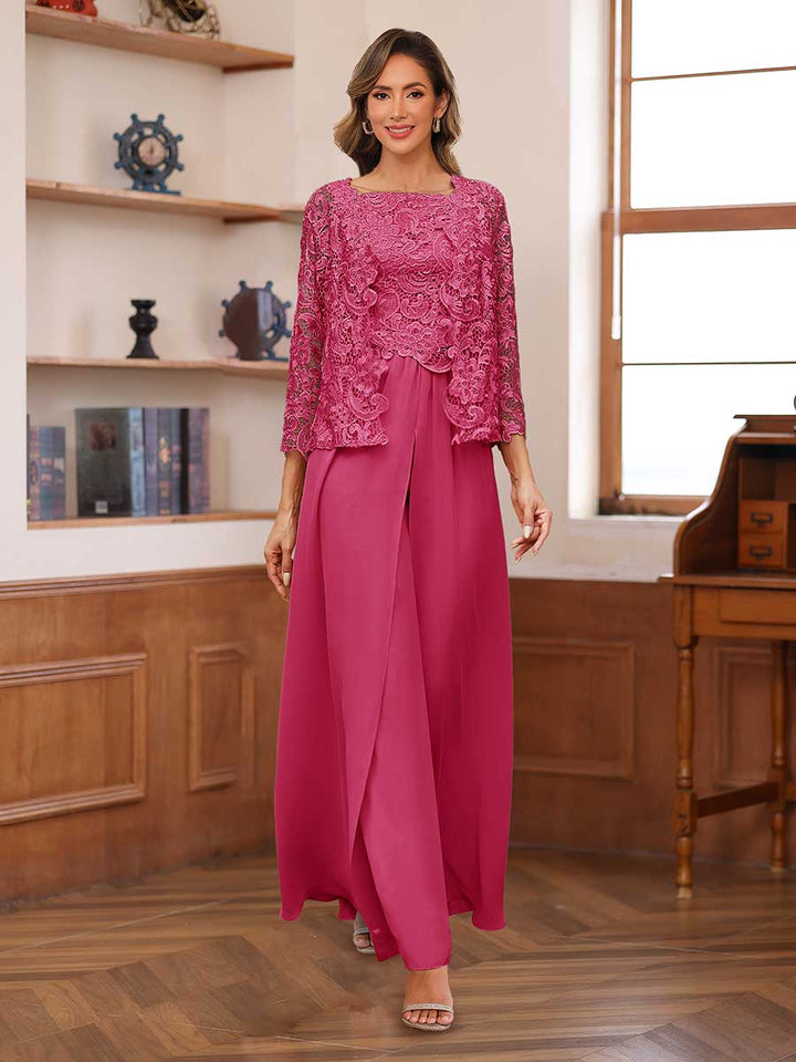 Lace Chiffon Square Neck 3/4 Sleeves 3 Pieces Pantsuits with Appliques &amp; Jacket