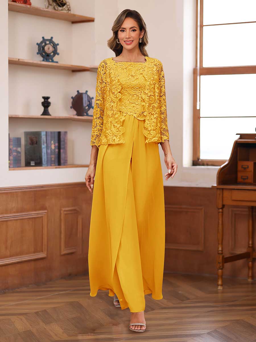 Lace Chiffon Square Neck 3/4 Sleeves 3 Pieces Pantsuits with Appliques &amp; Jacket