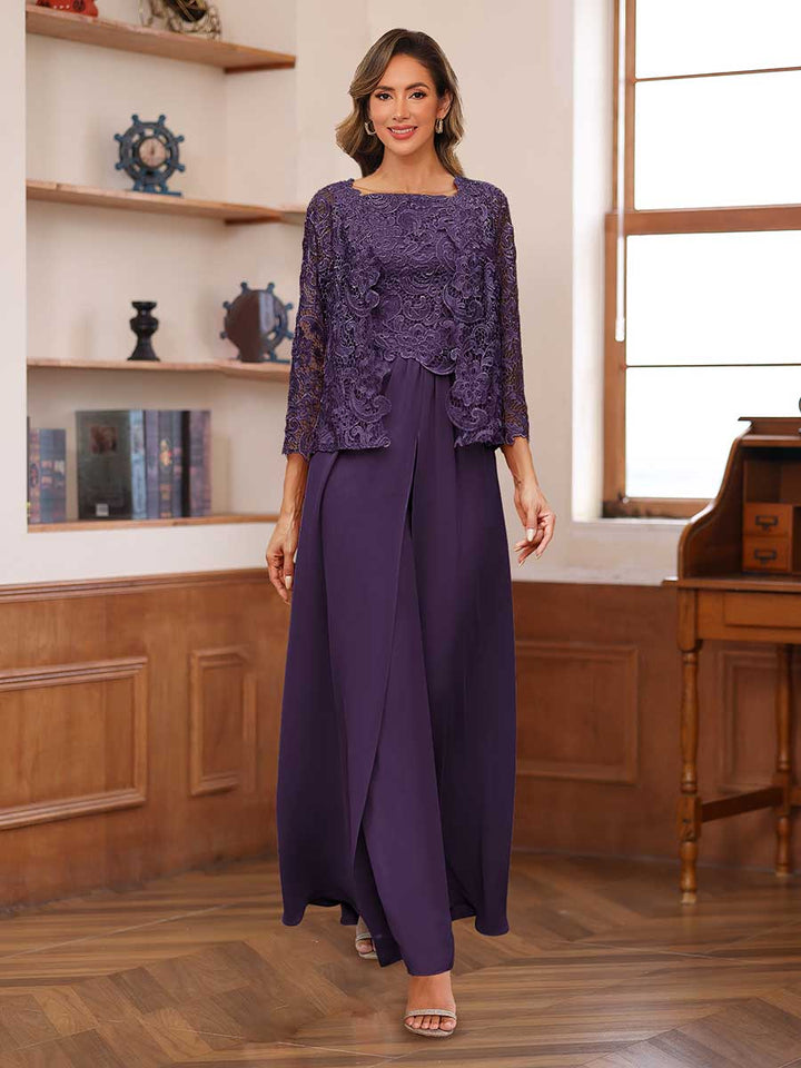 Lace Chiffon Square Neck 3/4 Sleeves 3 Pieces Pantsuits with Appliques &amp; Jacket