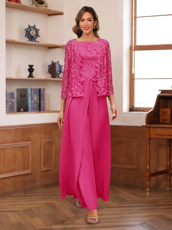 Lace Chiffon Square Neck 3/4 Sleeves 3 Pieces Pantsuits with Appliques & Jacket