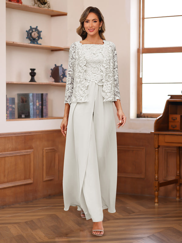 Lace Chiffon Square Neck 3/4 Sleeves 3 Pieces Pantsuits with Appliques & Jacket