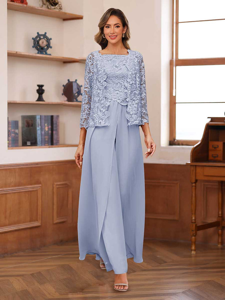 Lace Chiffon Square Neck 3/4 Sleeves 3 Pieces Pantsuits with Appliques &amp; Jacket