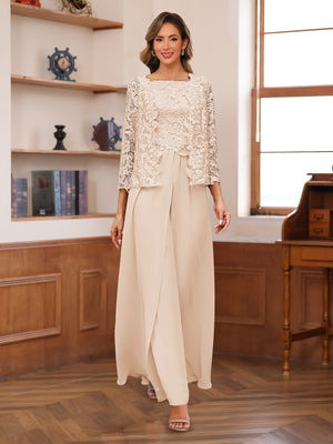 Lace Chiffon Square Neck 3/4 Sleeves 3 Pieces Pantsuits with Appliques & Jacket