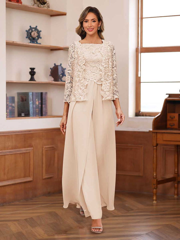 Lace Chiffon Square Neck 3/4 Sleeves 3 Pieces Pantsuits with Appliques &amp; Jacket