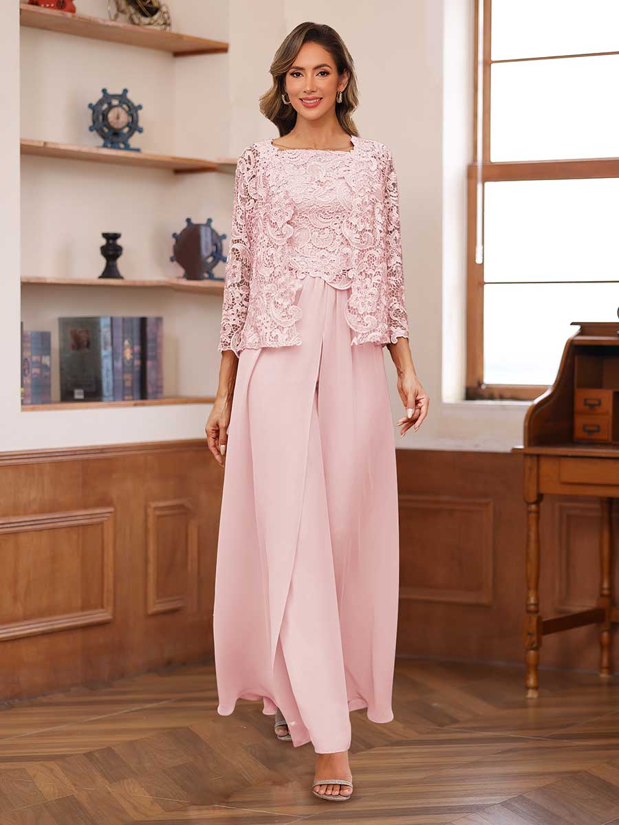 Lace Chiffon Square Neck 3/4 Sleeves 3 Pieces Pantsuits with Appliques &amp; Jacket