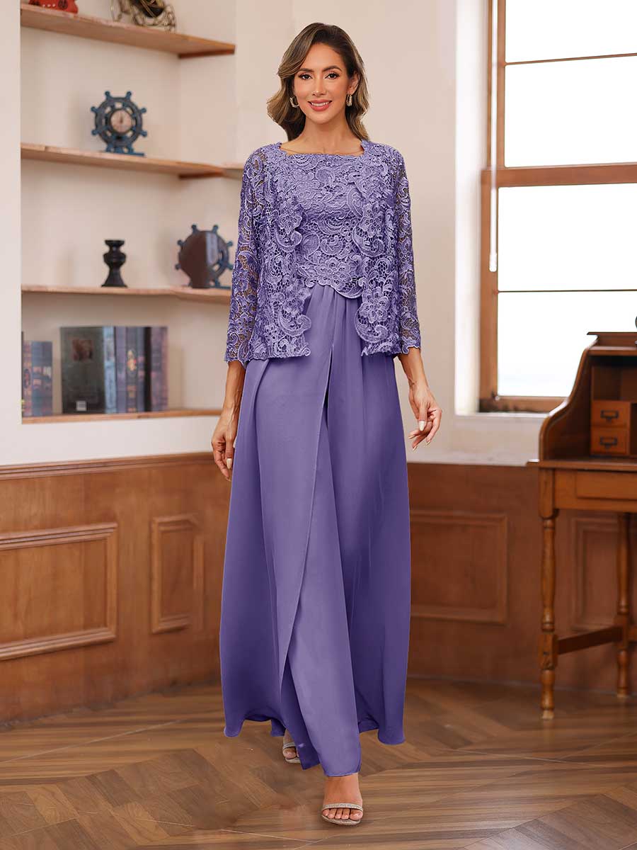 Lace Chiffon Square Neck 3/4 Sleeves 3 Pieces Pantsuits with Appliques &amp; Jacket