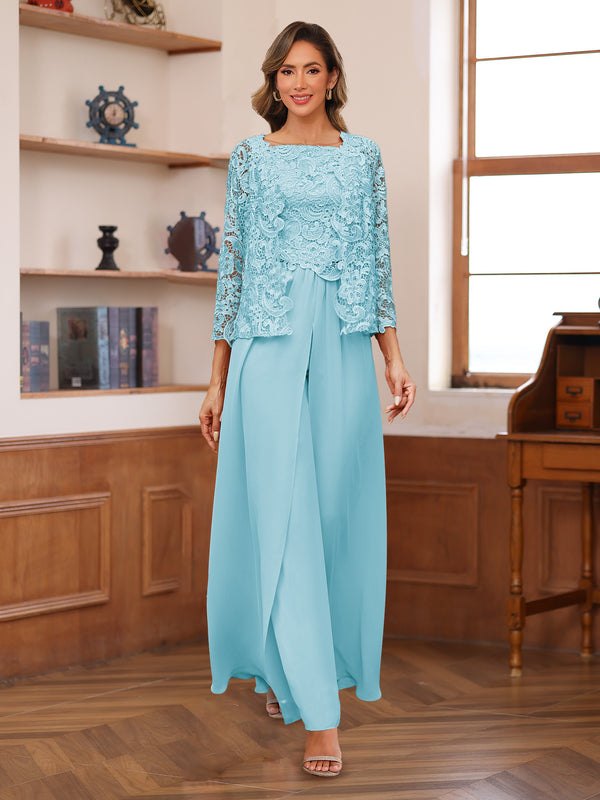 Lace Chiffon Square Neck 3/4 Sleeves 3 Pieces Pantsuits with Appliques & Jacket